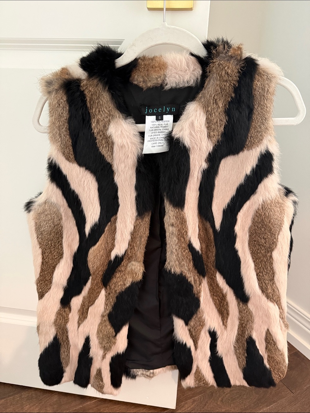 Vintage Jocelyn Rabbit Fur  Multi-Tone Faux Fur Vest in Black, Brown & Cream